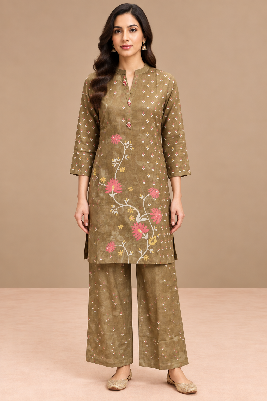 Olive Linen Floral Printed Co-ord Set